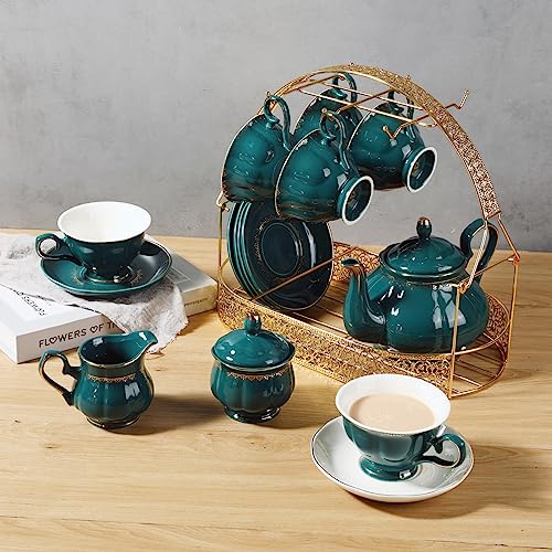 Tea Set 22 Piece Porcelain Ceramic Coffee Tea Sets Cups Saucer Service for 6 Teapot Sugar Bowl Creamer Pitcher and Teaspoons Porcelain Tea Set (22 Count)