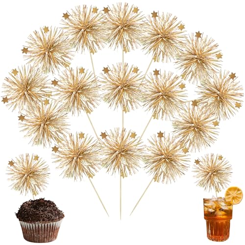 30Pcs Foil Firework Cupcake Toppers Party Birthday Cake Toppers Supplies Sparkle Tinsel Cocktail Fruit Toothpick for Birthday Wedding Graduation Party Supplies Gold (30 Count)