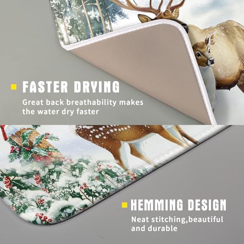 Winter Deer Dish Drying Mat 16"x18" Xmas Tree Bird Holly Berry Dish Drainer Mats Elk Moose Snow Cottage Farmhouse Reversible Small Dish Drying Pad Protector for Kitchen Countertop Decor
