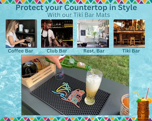 Tiki Bar Mats for Countertop 18 x 12 Tiki Bar Decor Mat Unique Tiki Man Warrior Design with Surfboard Welcome Greeting Tiki Decor