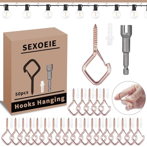 50 PCS Rose Gold Eye Screw Hooks for Hanging Heavy Duty with Safety Buckle.Metal Ceiling Hooks for Hanging Plants Cup Wind Chime Bird Feeders Patio Lights At Indoor&Outdoor (50 Count)