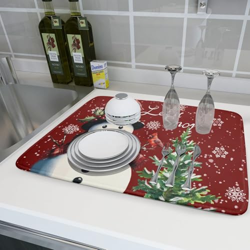 Winter Snowflake Red Dish Drying Mat for Kitchen Counter