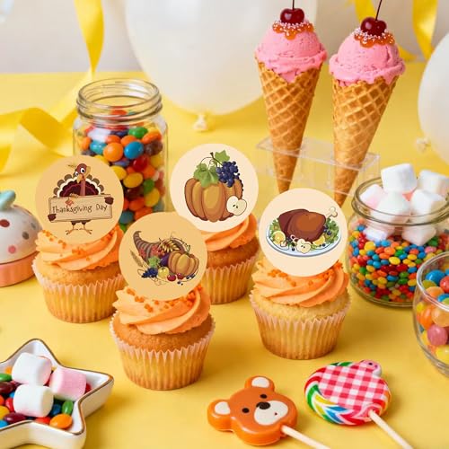 48PCS Edible Thanksgiving Day Cupcake Toppers Wafer Paper Autumn Food Cake Decorations Edible Pumpkins Cupcake Picks for Autumn Thanksgiving Party Birthday Decor Supplies