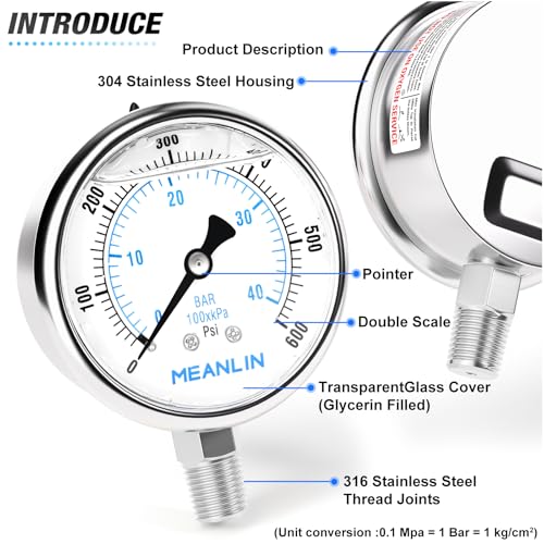 0~600Psi Liquid Filled Pressure Gauge Stainless Steel with 316 Stainless Steel Joint 1
