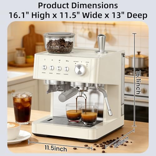 2026 Upgrade) 15 Bar Espresso Machine with Built-in Anti-Clog Coffee Grinder, Expresso Coffee Machines with Milk Steam Wand/Frother/Tamping Tools,Espresso Maker with Grinder for Lattes-Almond