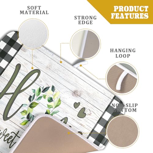 Home Sweet Home Dish Drying Mat 16x18 Inch Spring Summer Green Leaf Wreath Dish Drainer Mats Rustic Wood Board Microfiber Dish Drying Rack Pad for Kitchen Countertop Farmhouse Decor