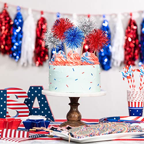 100 Pcs 4th of July Foil Firework Cupcake Toppers Sparkle Tinsel Cake Toppers Cake Decoration Cocktail Fruit Toothpick for Birthday Wedding Graduation Party