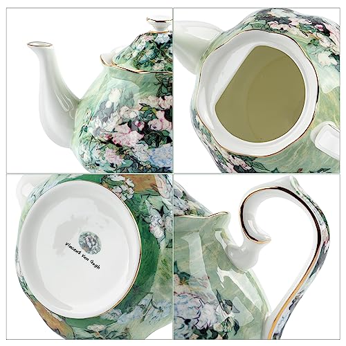 Teapot 30 oz Vangogh Paintings Bone China Loose Tea Pot Floral Design Vintage Ceramic Coffee Water Pot European Style Porcelain (30 Ounce)