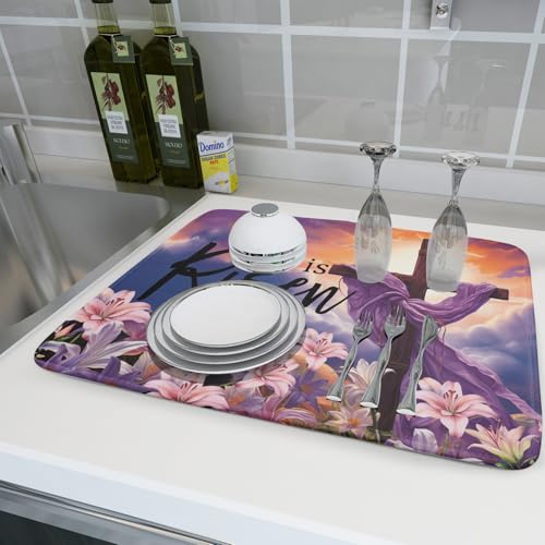 Easter Cross He is Risen Dish Drying Mats 18x24 Inch Spring Drying Mat Absorbent Microfiber Dishes Pad Easter Lily Flowers Dish Drainer Mat Protector for Kitchen Countertops Fast Dry Tableware
