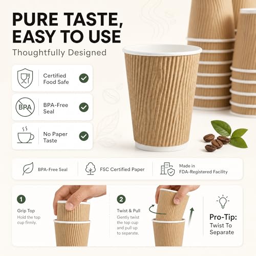 150 10 oz Ripple Kraft Paper Cups Brown Hot Cold Cups 3 Layer Rippled Small Insulated Disposable Coffee Cups for Cappuccino Hot Cocoa or Iced Drinks (150 Count)