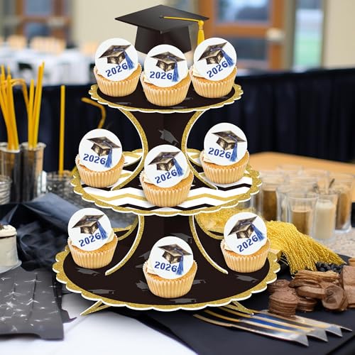 48Pcs Edible 2026 Graduation Cap Cupcake Toppers Wafer Paper Class of 2026 Grad Cap Cupcake Picks for 2026 Graduation Theme Party Cake Decorations Supplies Blue (48 Count)