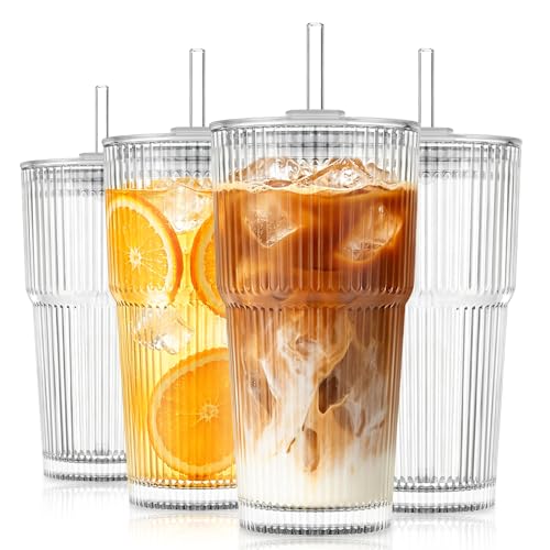 20oz Ribbed glass cups with lids and straws