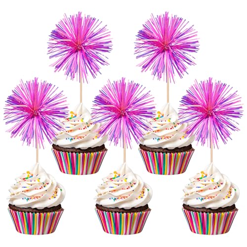 30 PCS Foil Firework Cupcake Toppers Happy Birthday Cupcake Toppers Sparkle Tinsel Flower Drink Stirrers Cocktail Fruit Toothpicks for Valentine's Day Baby Shower Party Cake Decor Supplies Rose Red (30 Count)