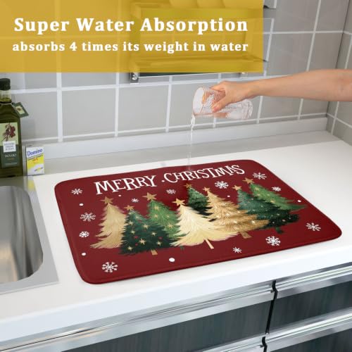 Xmas Tree Red Dish Drying Mat for Kitchen Counter