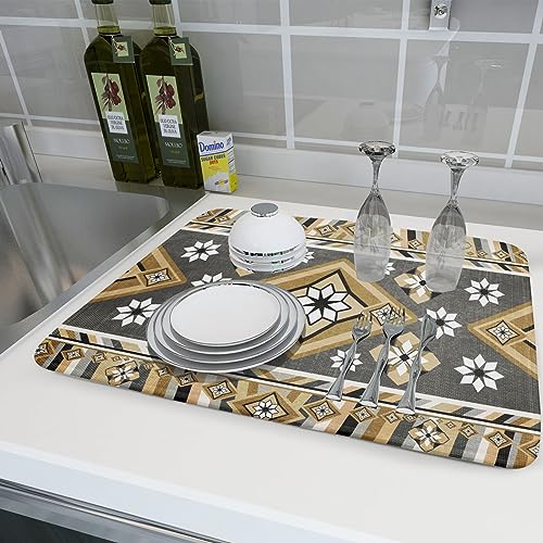 Boho Yellow Gray Aztec Dish Drying Mat for Kitchen Counter