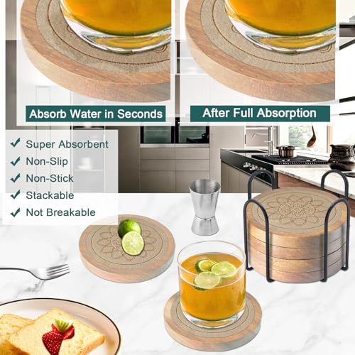 Wood Coasters for Drinks Housewarming Gifts for Home Decoration Absorbent Coasters with Holder for Coffee Tabletop Protection 4.3 Inch Beige