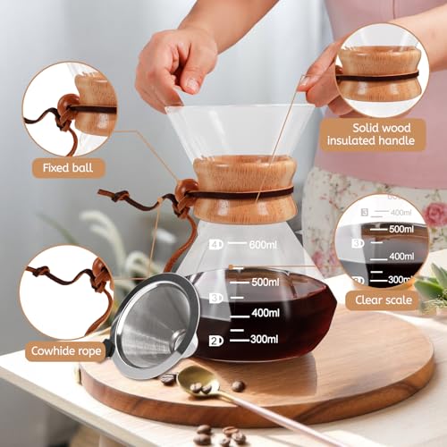Pour Over Coffee Maker 600ml with 304 Stainless Steel Filter Wooden Collar Holder Borosilicate Glass Drip Coffeemaker Server Set Clear Hand Brew Dripper Carafe for Home Camping Travel 20.3oz