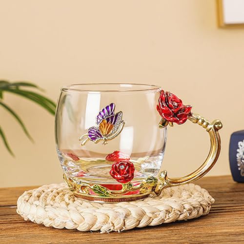 Glass Fancy Tea Cup Set Birthday Christmas Valentine's Day Gift Idea for Tea Lover and Women Novelty Coffee Mugs Rose Flower Enamel Glass Mug with Spoon (2 Count)