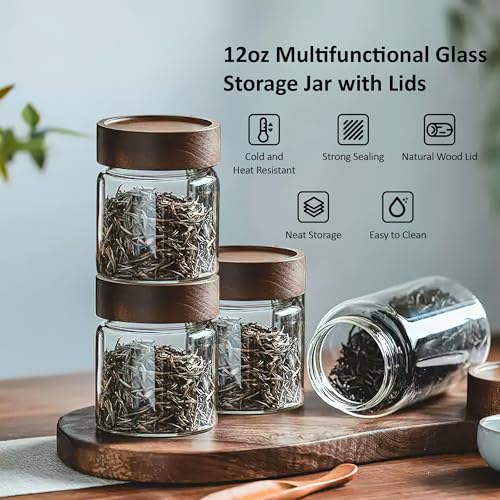 12 oz 350 ml Clear Glass Storage Canister with Airtight Wooden Lid (4 Count)