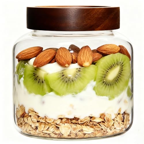 40 oz Glass Jars with Wooden Airtight Lid Herb Spice Canister Round Clear Glass Food Storage Container for Pantry Sugar Tea Coffee Bean Spice Cookies Bath Salts