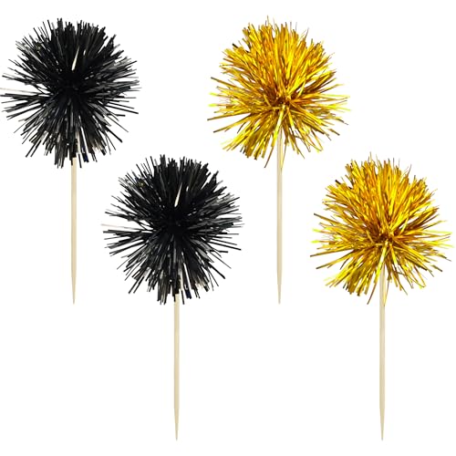 30Pcs Foil Firework Cupcake Toppers Sparkle Tinsel Cake Toppers Tinsel Drink Cake Decoration Cocktail Picks for Birthday Wedding Graduation Party Supplies Gold Black (30 Count)