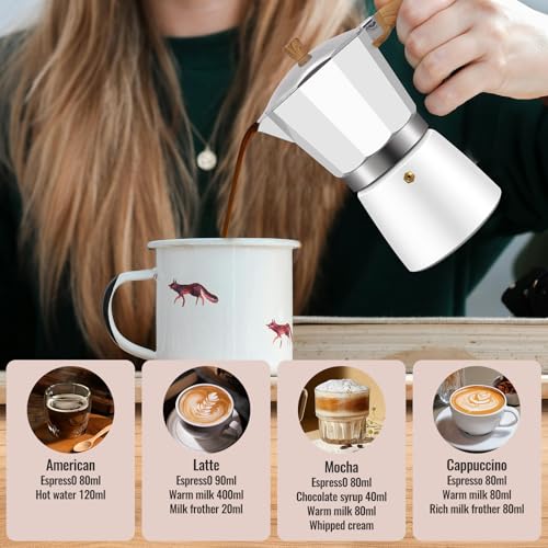 6 Cup Aluminum Moka Pot Classic Stovetop Espresso Coffee Maker 300ml 10oz Coffeemaker Percolator Mocha Express Preferred Cafe Makers for Italian and Cuban Café Brewing White