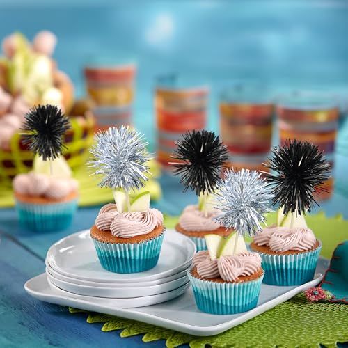 30Pcs Foil Firework Cupcake Toppers Sparkle Tinsel Cake Toppers Tinsel Drink Cake Decoration Cocktail Picks for Birthday Wedding Graduation Party Supplies Black Silver (30 Count)