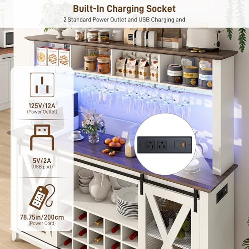 63"Wide 58"H Farmhouse Coffee Bar Cabinet with Power Outlet and LED Light