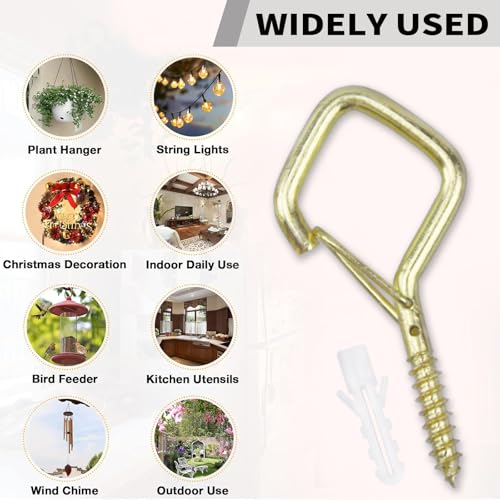 50 PCS Gold Eye Screw Hooks for Hanging Heavy Duty with Safety Buckle.Metal Ceiling Hooks for Hanging Plants Cup Wind Chime Bird Feeders Patio Lights At Indoor&Outdoor (50 Count)