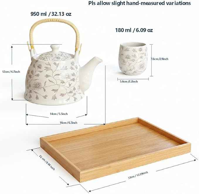 La Belle Vie Japanese Tea Set, White Porcelain Tea Set as Gift, 1 Pot (32.1oz), 6 Cups (6.1oz), 1 Stainless Steel Tea Infuser, 1 Bamboo Tray, Pretty Gift for Birthday, Festivals, Events
