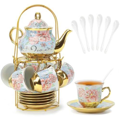 Porcelain Tea Cup and Saucer Set European Tea Set with Flower for Party (20 Count)