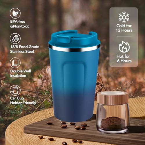 12 oz Double Wall Insulated Vacuum Travel Coffee Mugs with Flip Lid Bulk 2 Pack (2 Count)