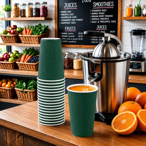 Ripple Wall Coffee Cups 25 Count 16 Ounce Insulated Forest Green Paper Cups