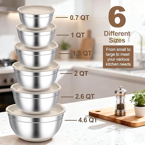 Mixing Bowls Stainless Steel Salad Bowls with Lids (6 Count)