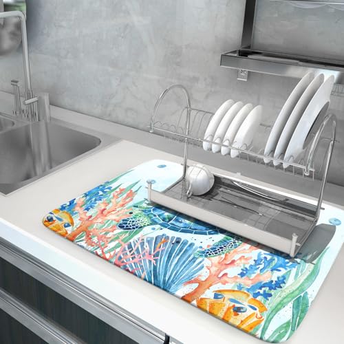 Sea Turtle Dish Drying Mat 18x24in Watercolor Blue Tortoise Dish Drainer Mats Nautical Ocean Coral Seashell Seaweed Microfiber Dish Drying Pad for Kitchen Countertop Large Decor