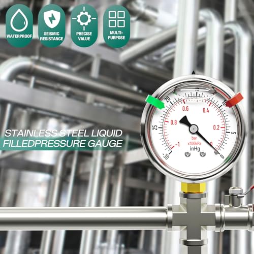 30inHG 0psi Stainless Steel Glycerin Liquid Filled Vacuum Pressure Gauge 1