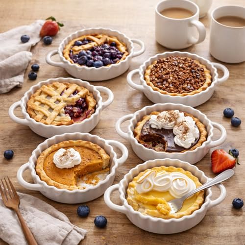 5in Ceramic Mini Pie Pan Set of 6 with Handles for Pie Quiche Tart. Easy to grip (6 Count)
