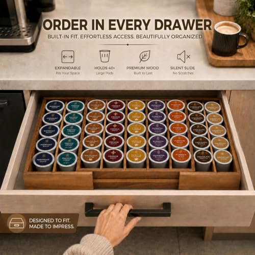 Expandable Acacia Wood Coffee Pod Drawer Organizer