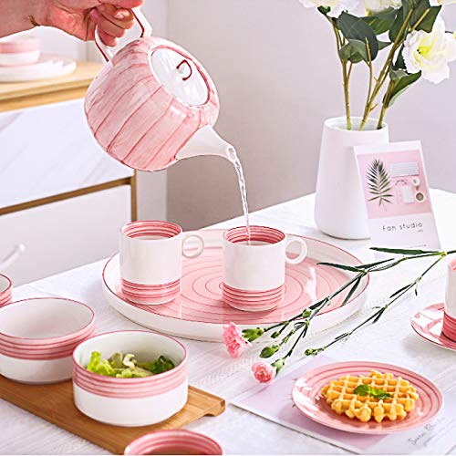 Utility Tea Set for Adults Tea Cup and Saucer Sets of 6 Afternoon Tea Set Pink Teapot Coffee Cup Set with Tea Tray Gift for Mother's Day Teapots