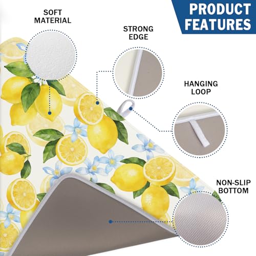 Lemon Dish Drying Mat 18x24 Inch Absorbent Reversible Summer Drying Mat Floral Lemon Fruits Dish Drying Rack Mat Yellow Summer Themed Dish Drainer Mat for Kitchen Counter Coffee Bar
