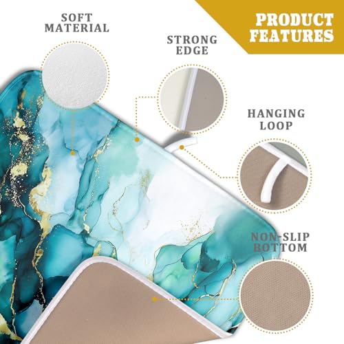 Teal Marble Dish Drying Mat Turquoise Blue Marbling Print Dish Drainer Mats 16"x18" Modern Granite Microfiber Reversible Dish Drying Rack Pad Protector for Kitchen Countertop Decor