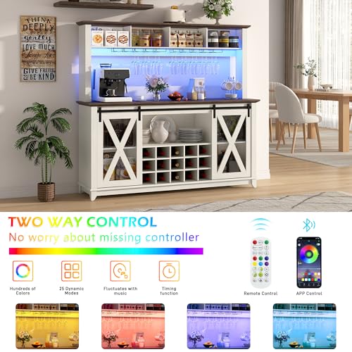 63"Wide 58"H Farmhouse Coffee Bar Cabinet with Power Outlet and LED Light