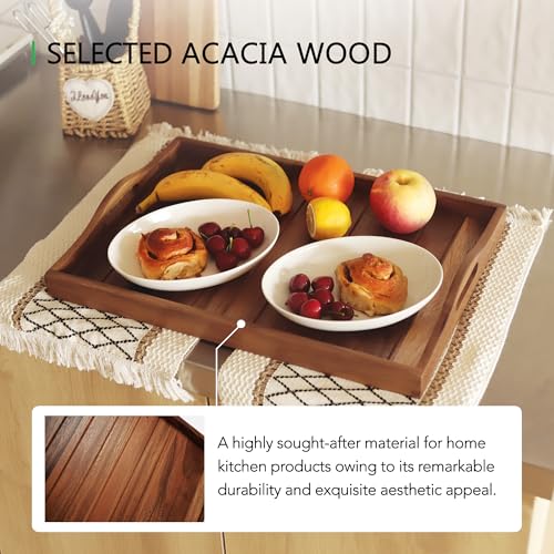 Large Acacia Wooden Serving Tray with Handles 20 x 14 inch Decorative Coffee Table Ottoman Tray for Living Room Extra Large for Kitchen Dinner Food Bar Breakfast in Bed