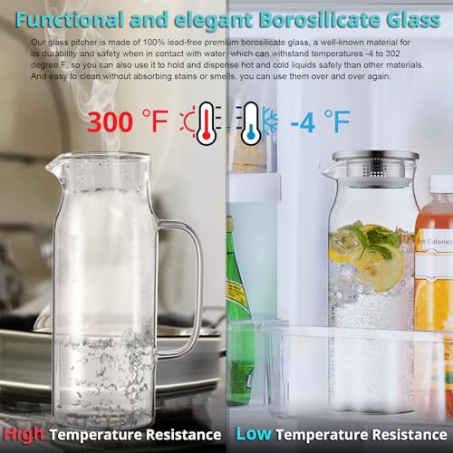 2 Pack 1.6 Liter 54 oz Glass Pitcher with Lid and Handle (2 Count)