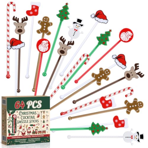 64 Pcs Christmas Swizzle Sticks Plastic Drink Stirrers (64 Count)