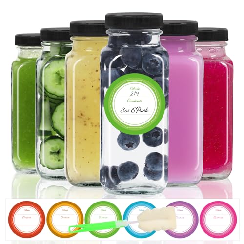 8oz 6 Pack Glass Juice Bottles with Leak (6 Count)