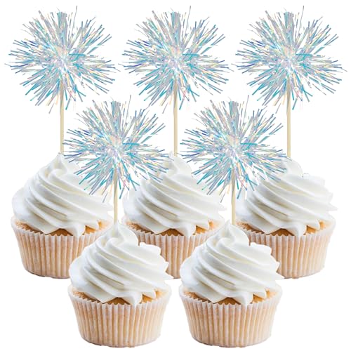 30Pcs Foil Firework Cupcake Toppers Sparkle Tinsel Cake Toppers Tinsel Drink Cake Decoration Cocktail Picks for Birthday Wedding Graduation Party Supplies Laser White (30 Count)