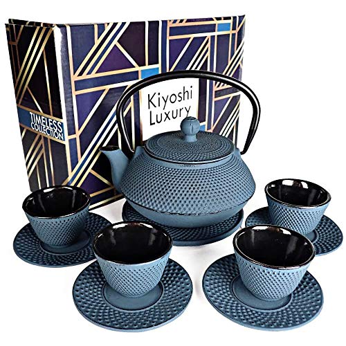 Large 11PC Japanese Tea Set "KONJOU Blue" Cast Iron Tea Pot 26Oz with 4 Tea Cups