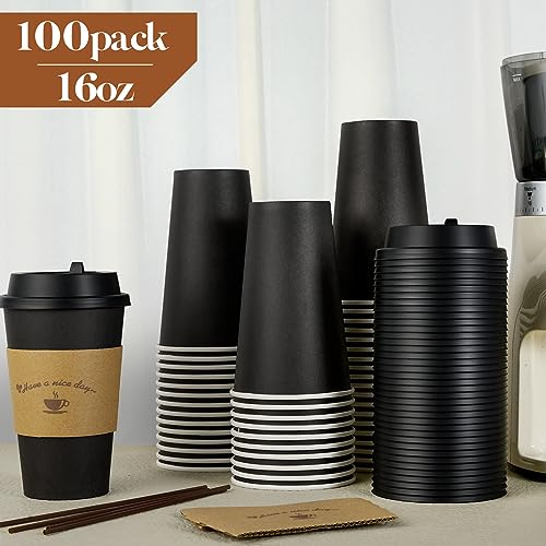 100 Pack 16 oz Paper Coffee Cups with Lids