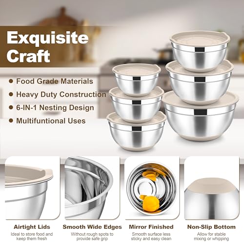 Mixing Bowls Stainless Steel Salad Bowl with Lid & Graters (6 Count)